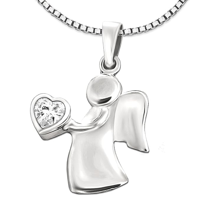 Clever Schmuck Set Silberner Damen Anhänger Engel 15 mm mit Zirkonia Herz weiß in der Hand & Kette Venezia 45 cm STERLING SIL