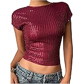 MakeMeChic Women's Sequin Open Back Cap Sleeve Crop Tops Crew Neck Party Y2K Tee Shirt