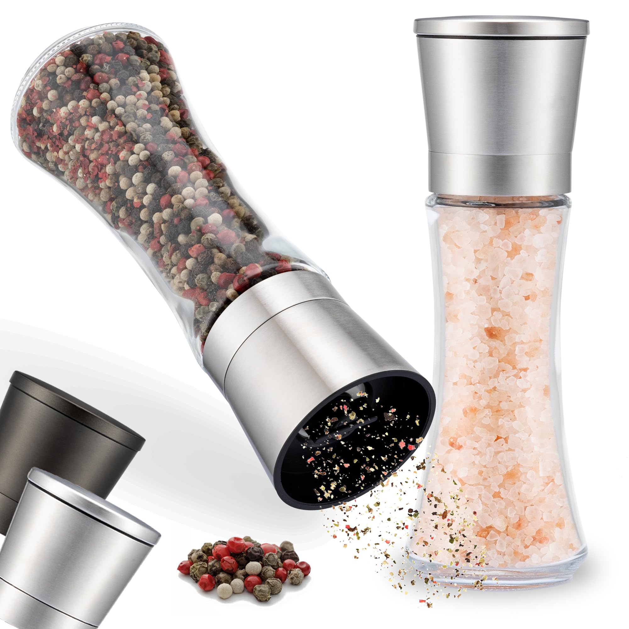 Zolmer Spice Mill Set of 2 with Adjustable Ceramic Grinder – Elegant Salt and Pepper Mill Made of Stainless Steel – Also as a Chilli Mill [Spice Contents]