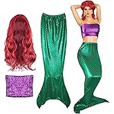 Cindeer Halloween Mermaid Costume for Women, Sequin Mermaid Crop Tops Strapless Metallic Tube Tops, Tail Skirt, Curly Wig