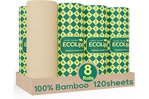 ECOlipak Bamboo Paper Towels - 8 Rolls, 2 Ply 120 Sheets- Plastic Free, Tree Free, Compostable, Disposable Kitchen Paper Towe