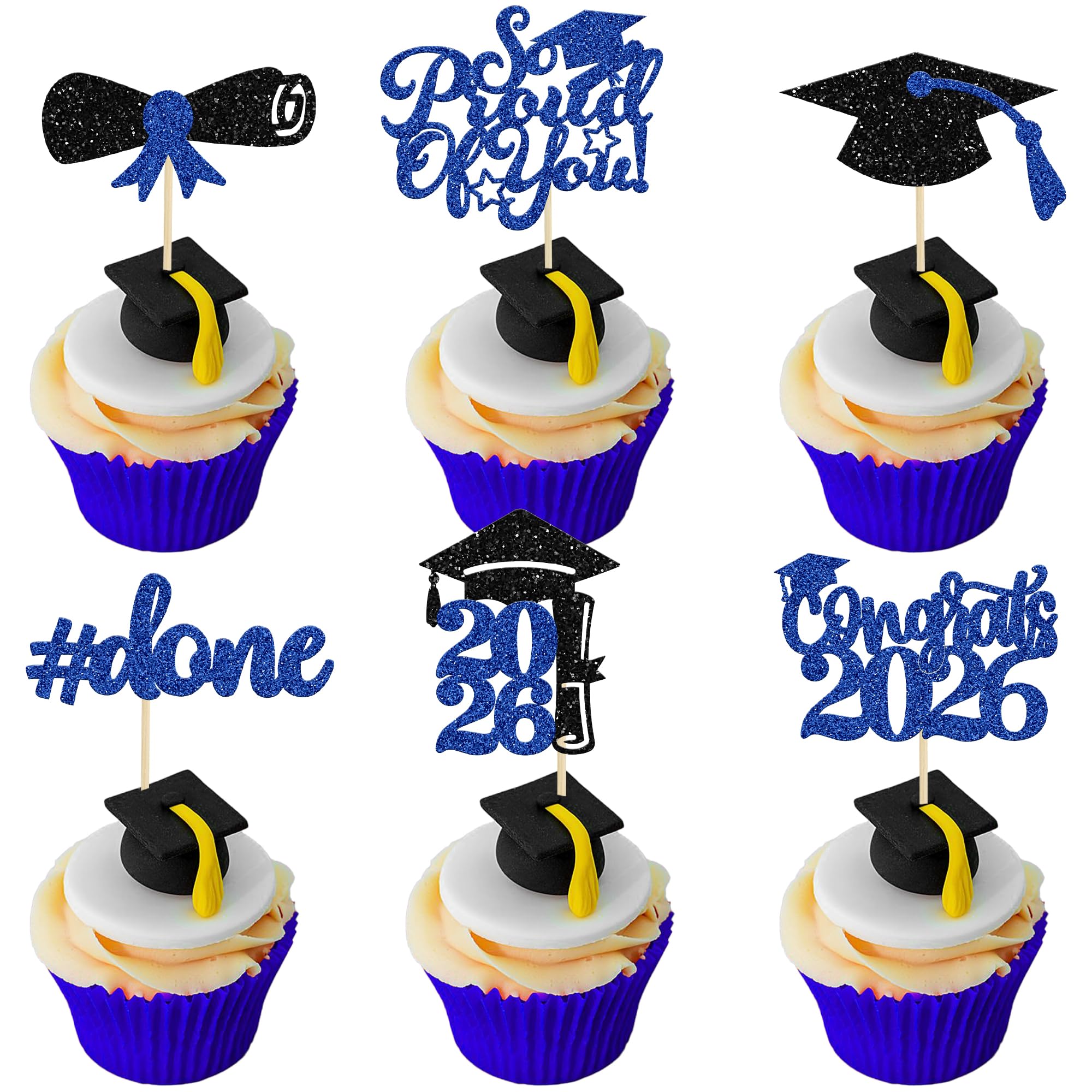Gyufise 24Pcs 2026 Graduation Done Cupcake Toppers Blue Glitter Congrats Class of 2026 Diploma Grad Cap Cupcake Picks So Proud of You Cake Decorations for 2026 Graduation Theme Party Supplies