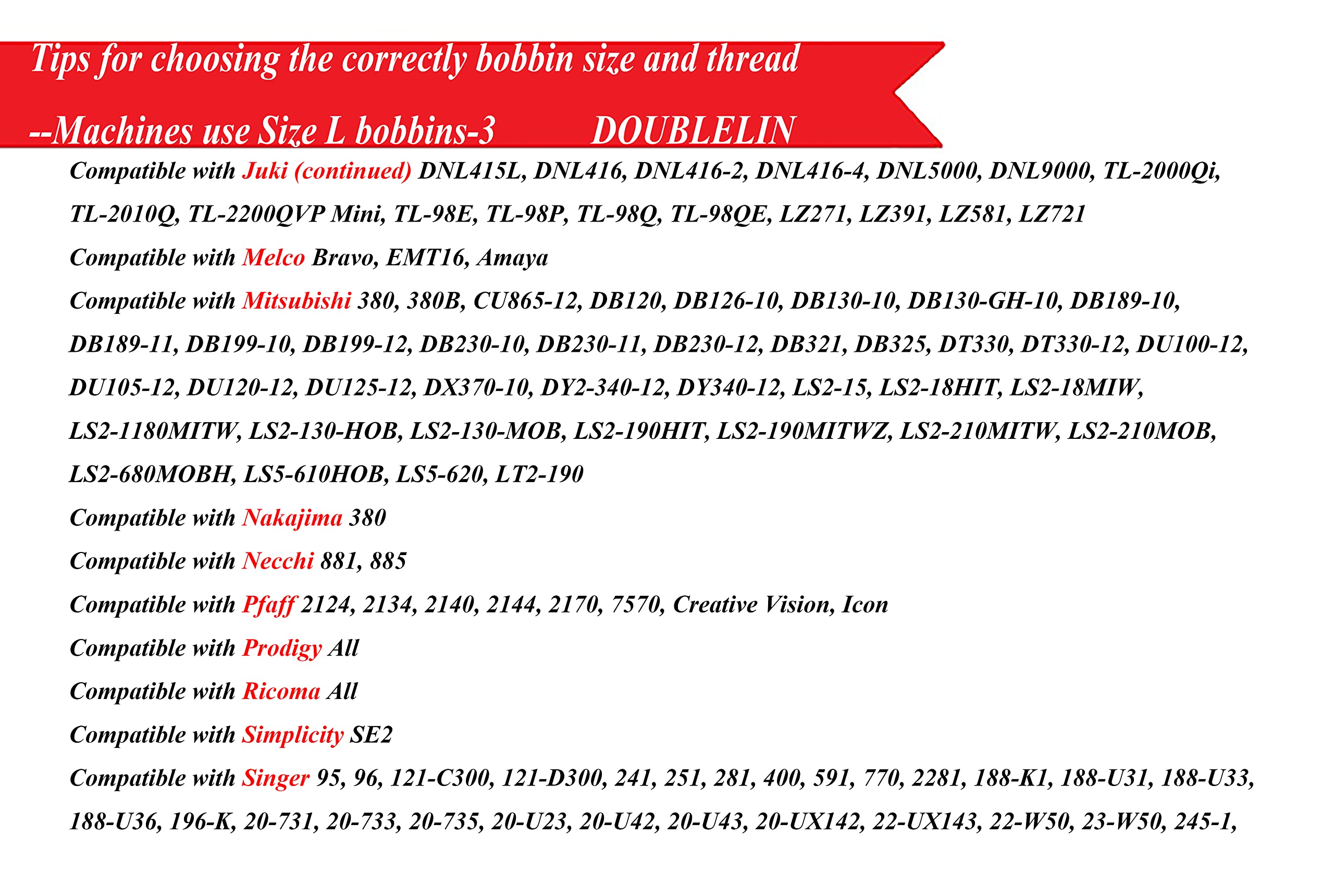 DOUBLELIN Prewound Bobbin, Cardboard, Size L (SA155, Size 9.4), White Color, 144pcs per Box, 75D/2 Polyester, Compatible with Babylock, Barudan, Bernina, Brother, Consew, Singer, Tajima and More