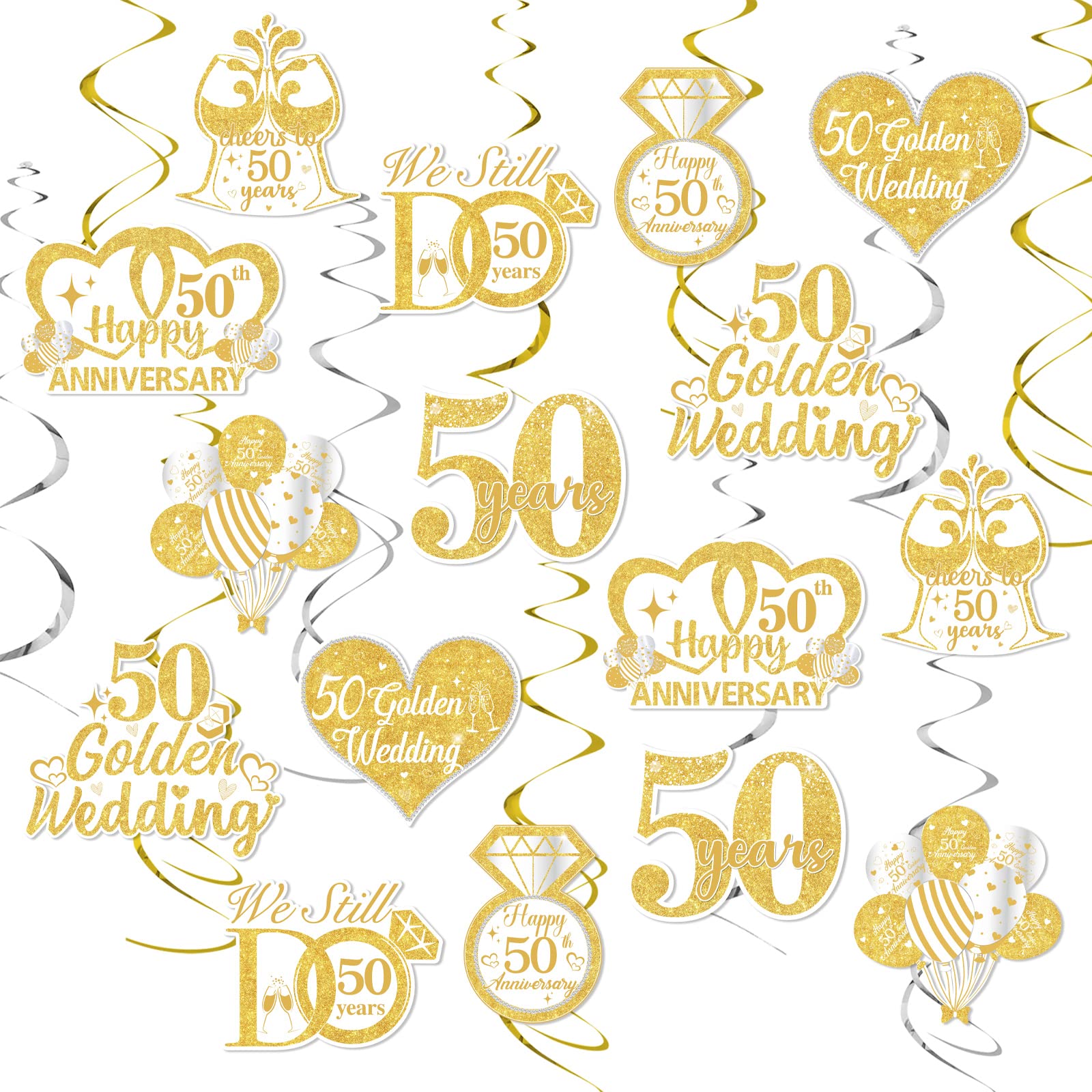 Cheereveal 24 Pieces 50th Wedding Anniversary Decorations, 50th Golden Wedding Anniversary Hanging Swirls, Ceiling Decorations for Parents, Happy Anniversary Valentine Party Supplies