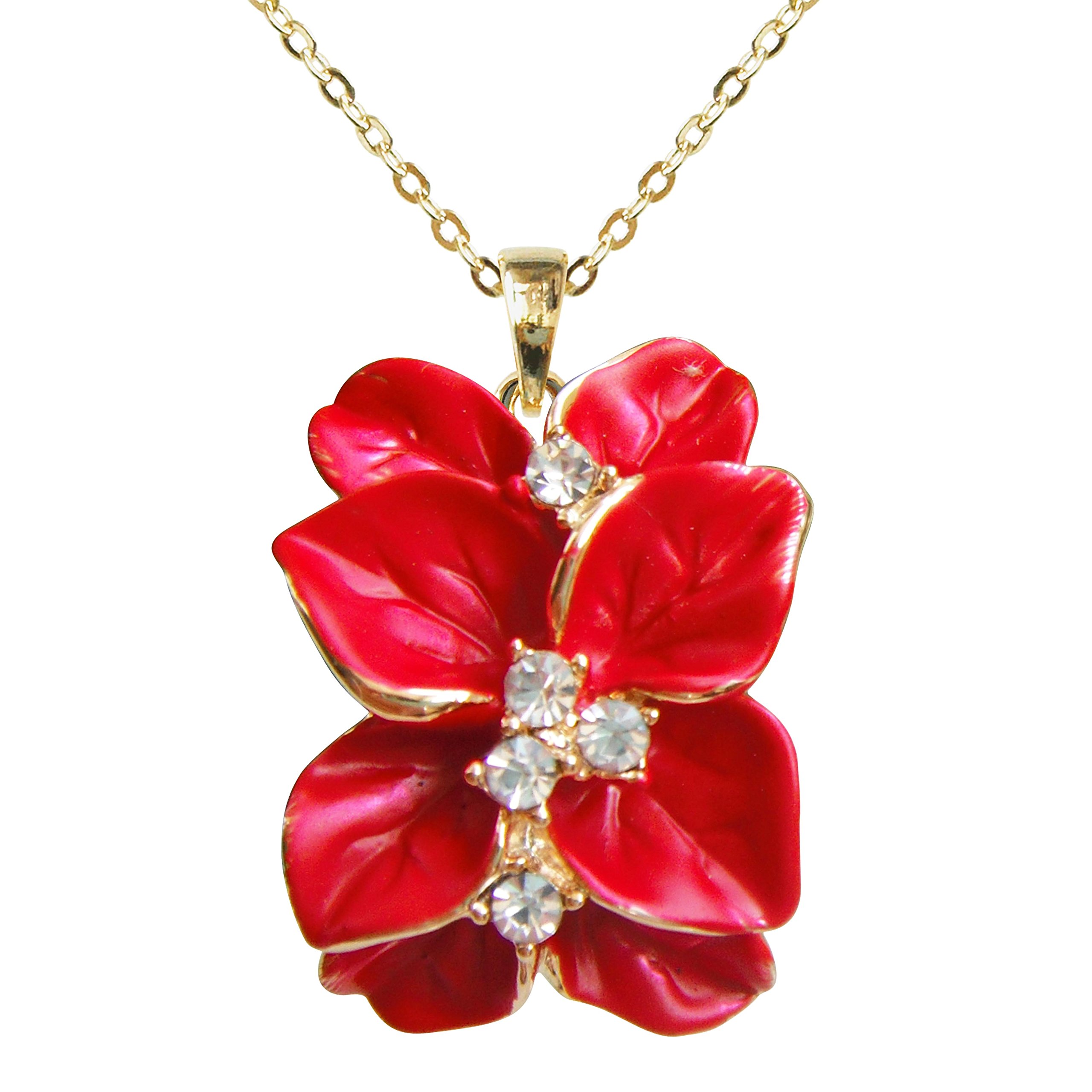 Navachi 18k Gold Plated Clear Crystal Red Enamel Leaves Flower Az6075p Pendant Necklace 16"+2" — image 1