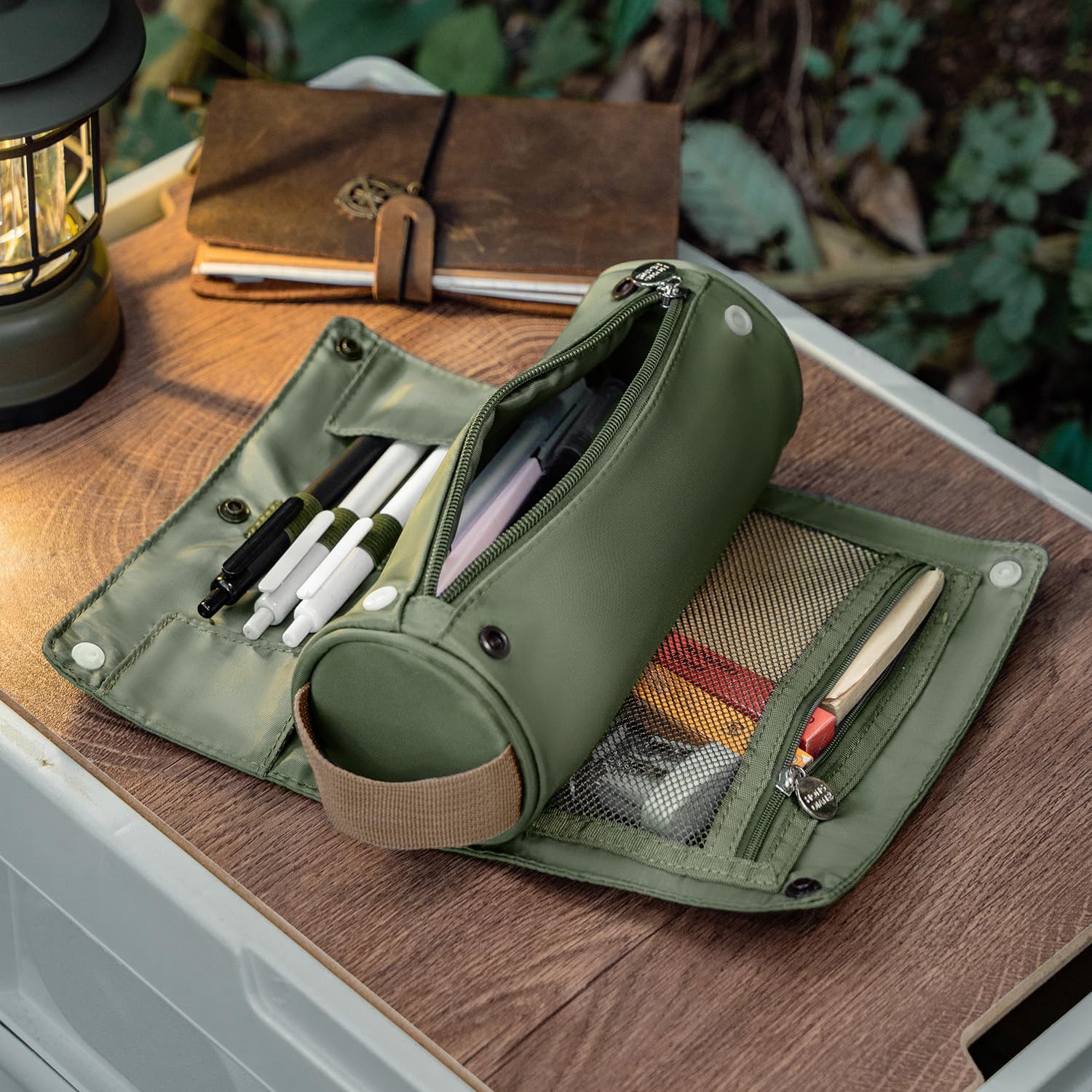 Large Capacity Pencil Case Roll Up Design Multifunctional Pencil Holder Pouch Stationery Pen Bag for Teen Girls and Boys Camping style - Green
