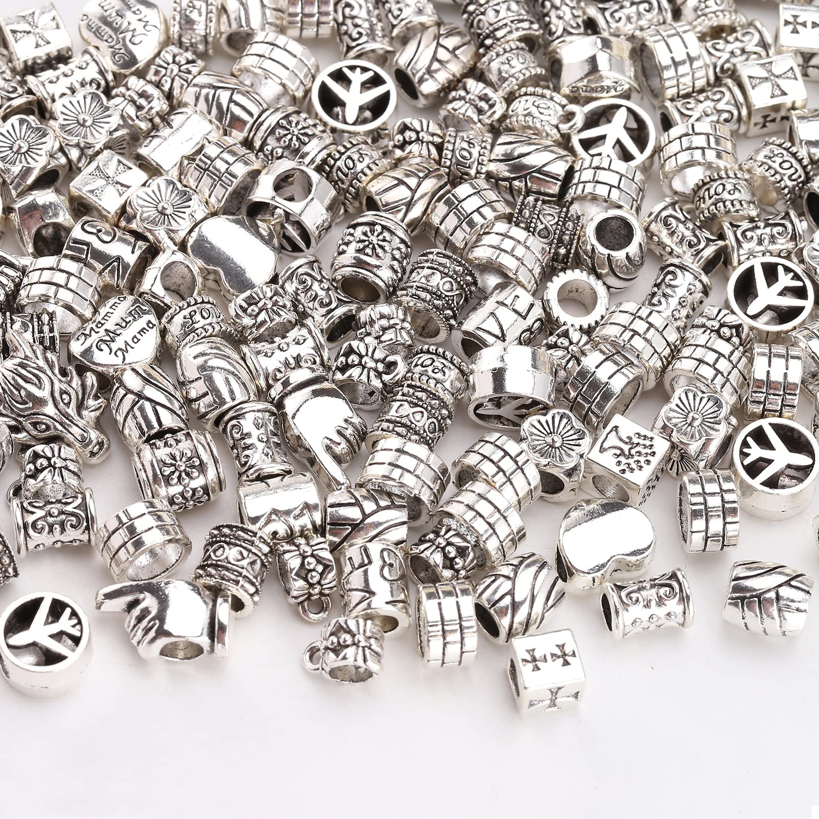 HERZWILD 100g Big Hole Beads Tibetan Spacer Beads Silver Alloy Metal Beads for DIY Bracelets Necklace Jewelry Mix Style