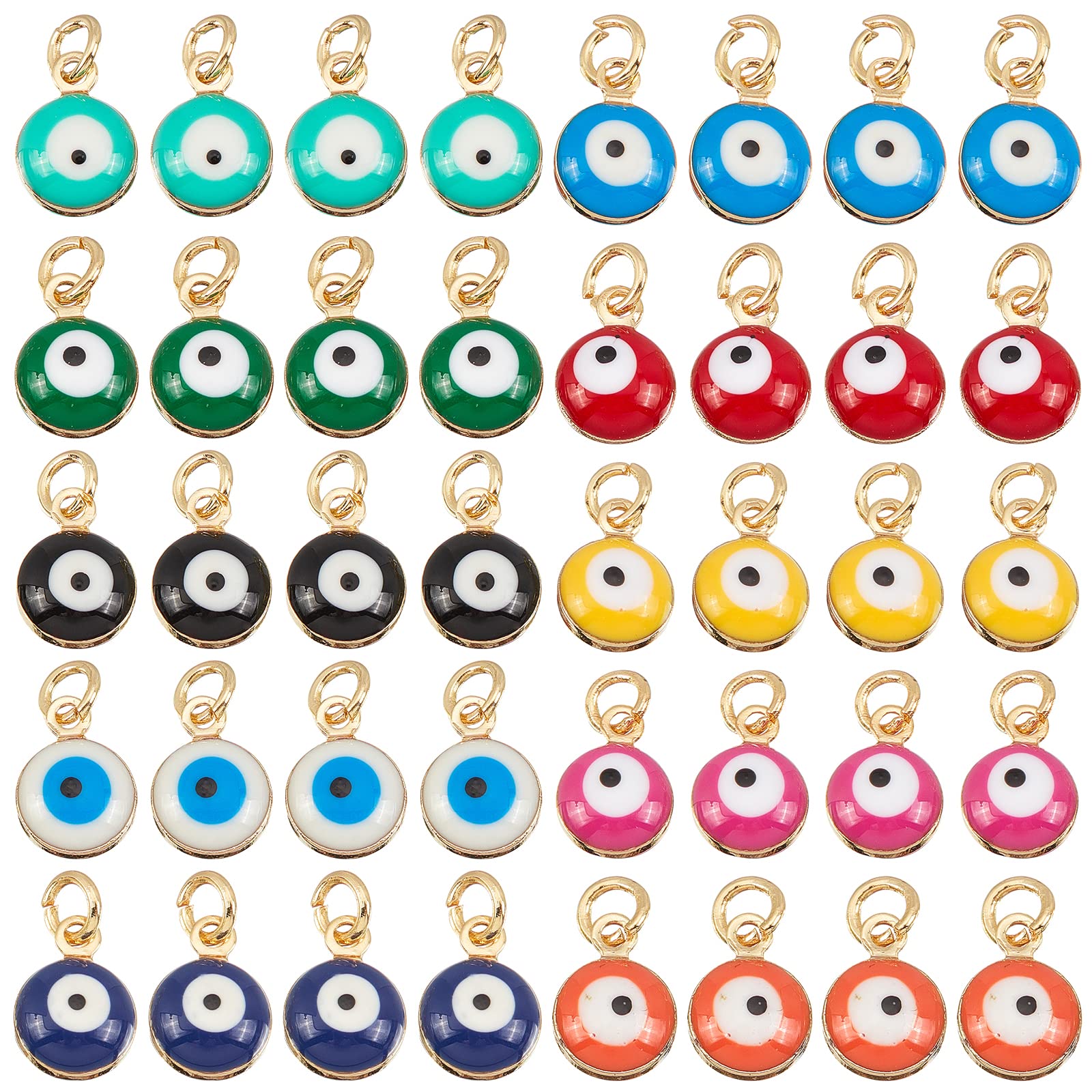 NBEADS 40 Pcs 18K Plated Gold Alloy Evil Eye Beads, 10 Colors Brass Enamel Pendants Mini Evil Eye Charms with Jump Ring for DIY Jewelry Earring Necklace Craft Making