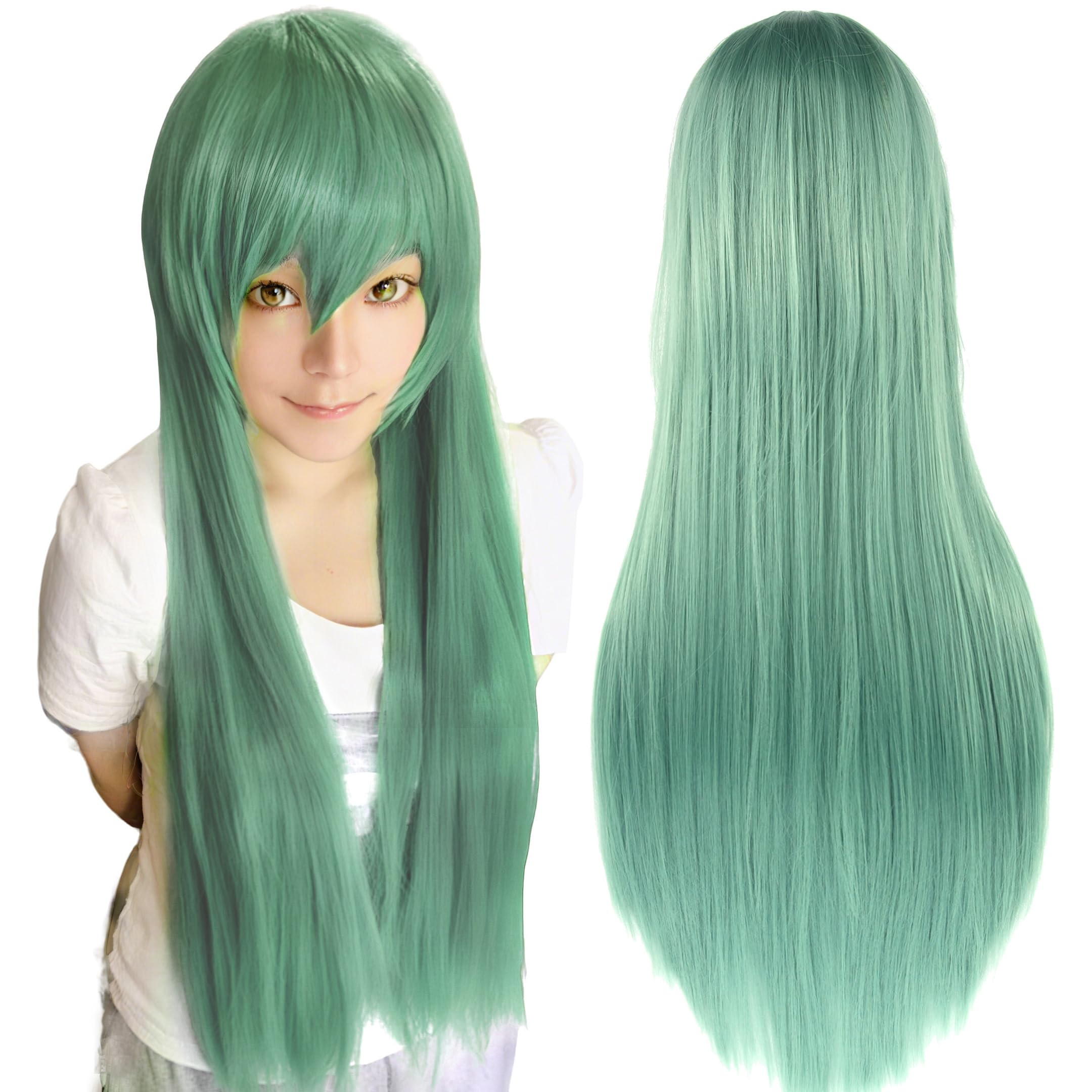 IMISSU 80cm Long Straight Natural Hair Cosplay Wigs with Bangs Colorful Halloween Costume Party Wig for Girl (Light Green)