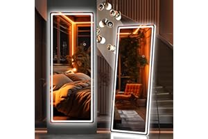 Hasipu Full Length Mirror with Lights, 56" x 20" LED Floor Mirror, Full Body Dressing Standing Mirror, Hanging Mounted Mirror for Living Room Bedroom Cloakroom, Round White