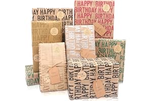 MAMUNU Birthday Wrapping Paper Set, 6 Sheets Kraft Brown Recycled Gift Wrapping Paper with Stickers, Gift Wrapping Paper with Happy Birthday Pattern Design for Kids Girls Women Boys Men Adults, 20×28 inches