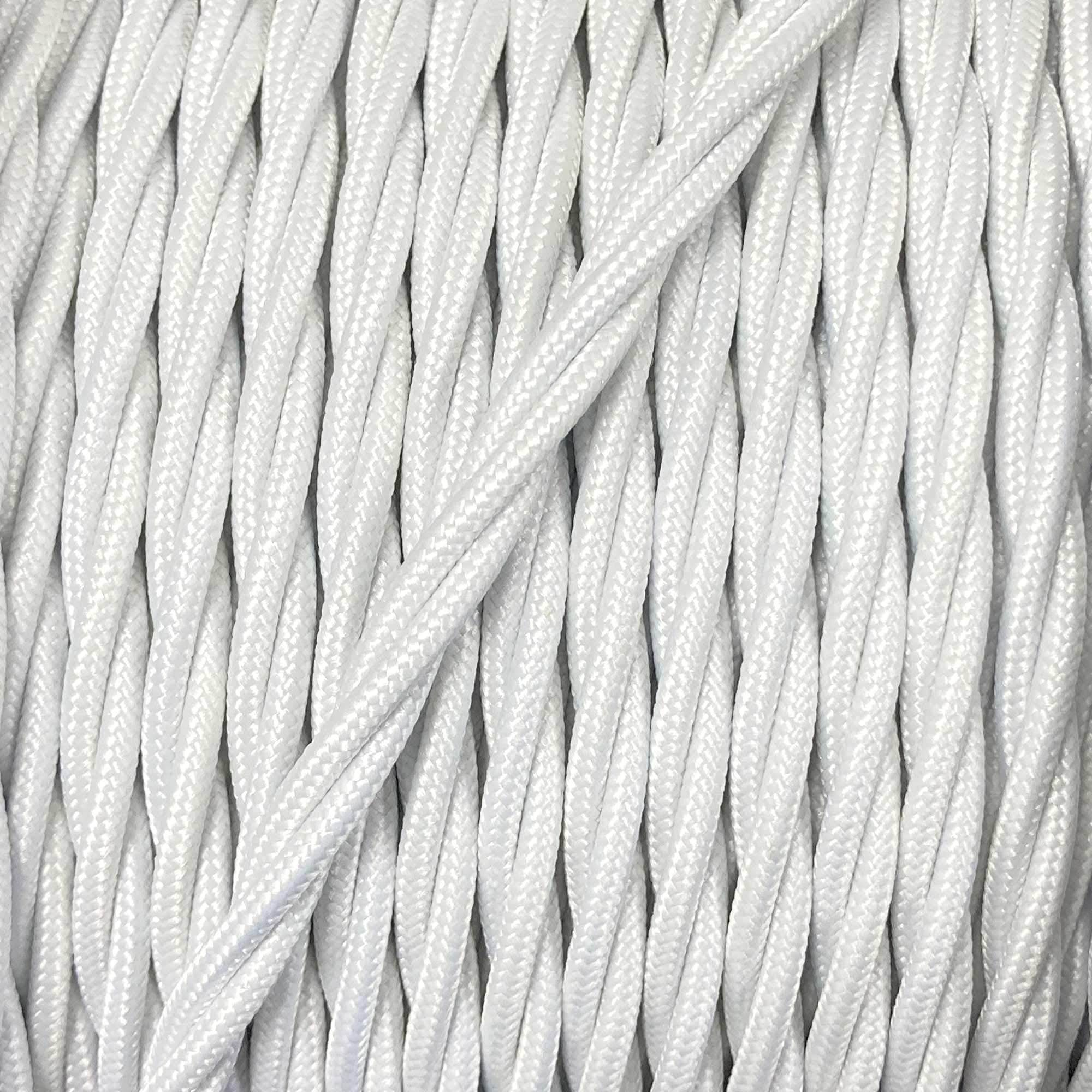 ElekTek White Twisted Vintage-Style Braided Fabric Covered Lighting Flex Cable 2m Pack Length, 3-Core 6 Amp (0.75mm), EU Manufactured
