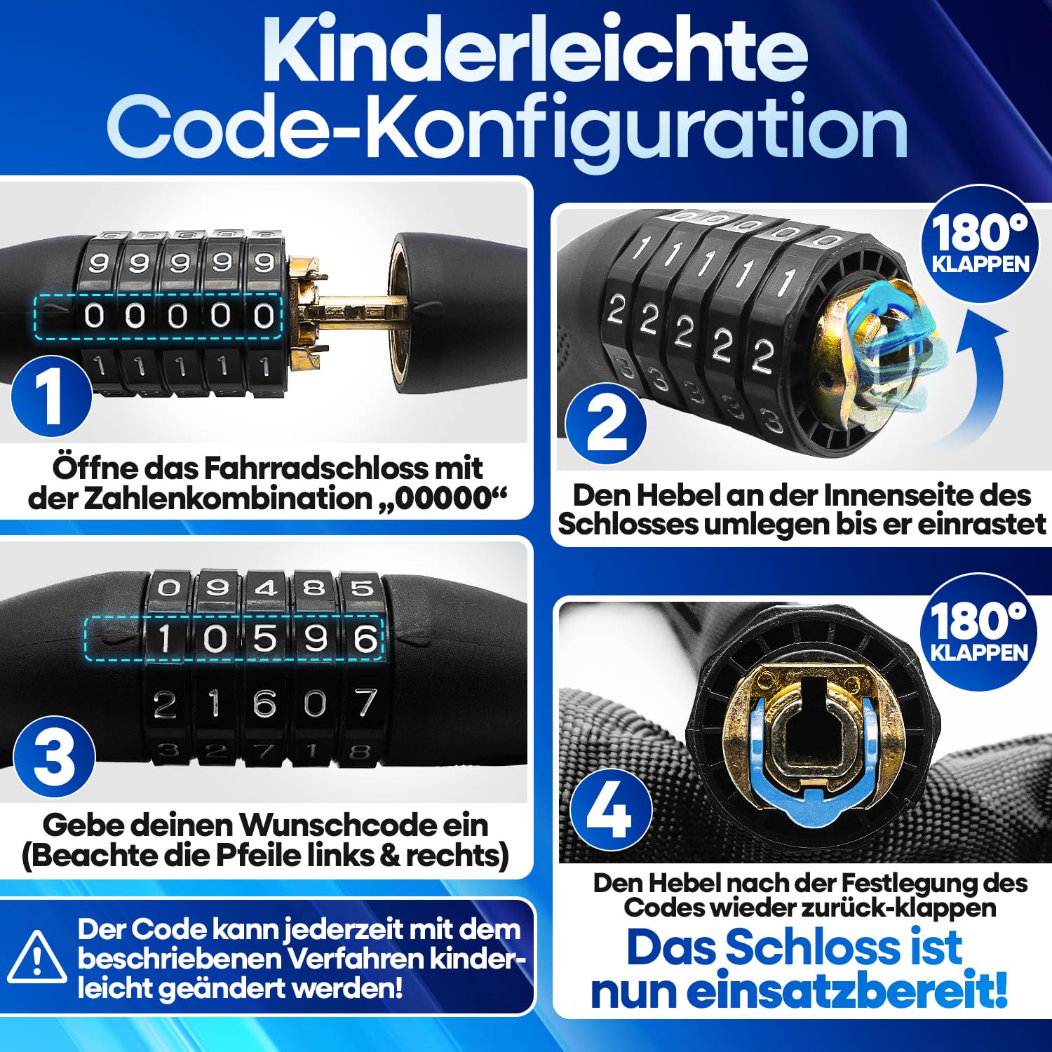 NEXTCOVER® Fahrradschloss mit Zahlencode LockPro - Das Original - [SAFESECURE] hohe Sicherheit I 5- stelliger Zahlencode, Zahlenschloss Fahrrad Stahl I Bike Lock für E-Bike I Kettenschloss 7