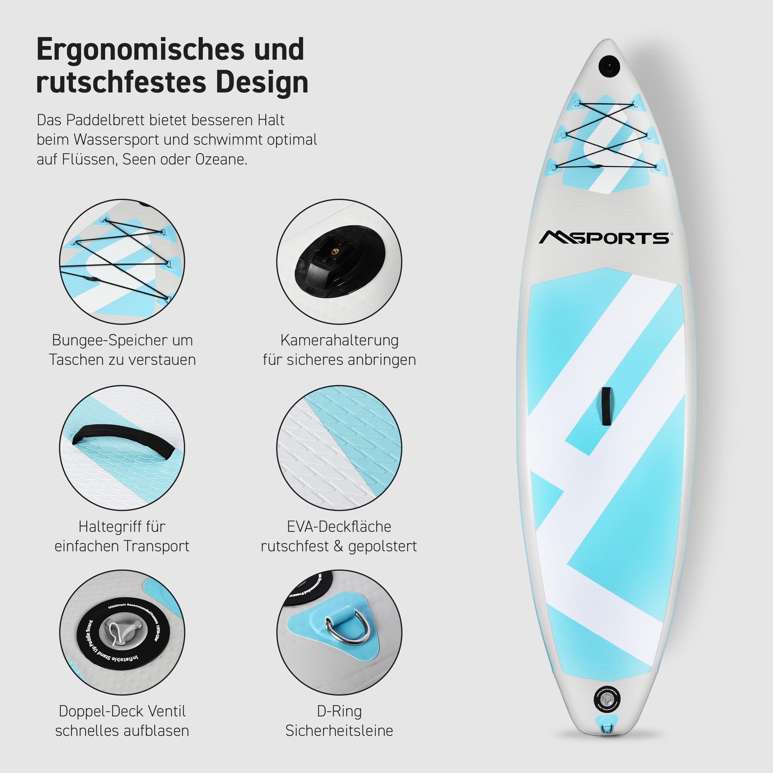 MSPORTS SUP - Stand Up Paddling Board - Aufblasbar Komplettes Paddleboard Zubehör Verstellbares Paddel, hochwertige Pumpe + 2X Paddelstock + wasserdichte Smartphone Tasche + Multifunktionstasche 2