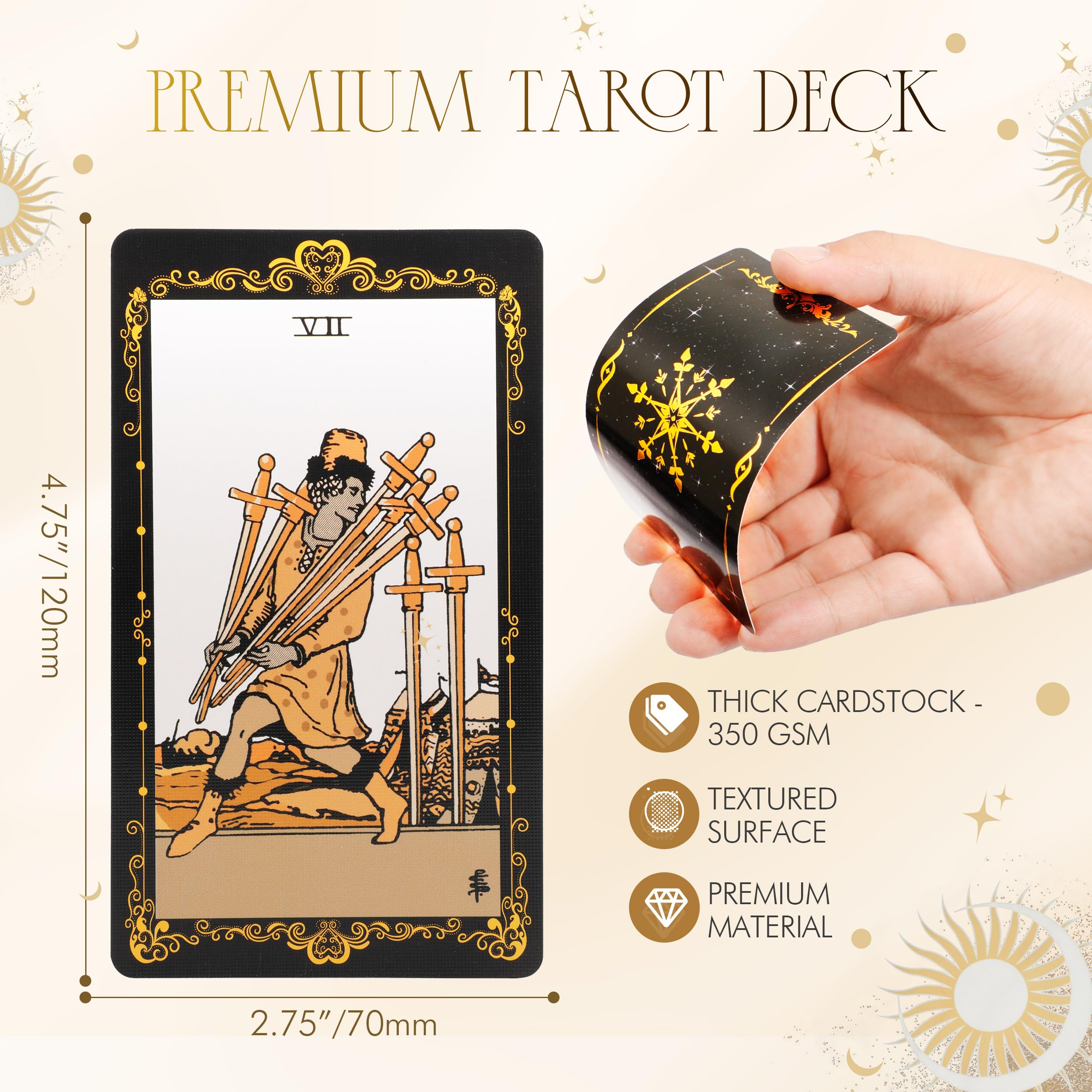 Tarot Cards with Guide Book, 78 Black Tarot Deck Set with Table Cloth, Chakra Stones, Velvet Bag and More, Classic Tarot Cards for Beginners Kit, Fortune Telling Game