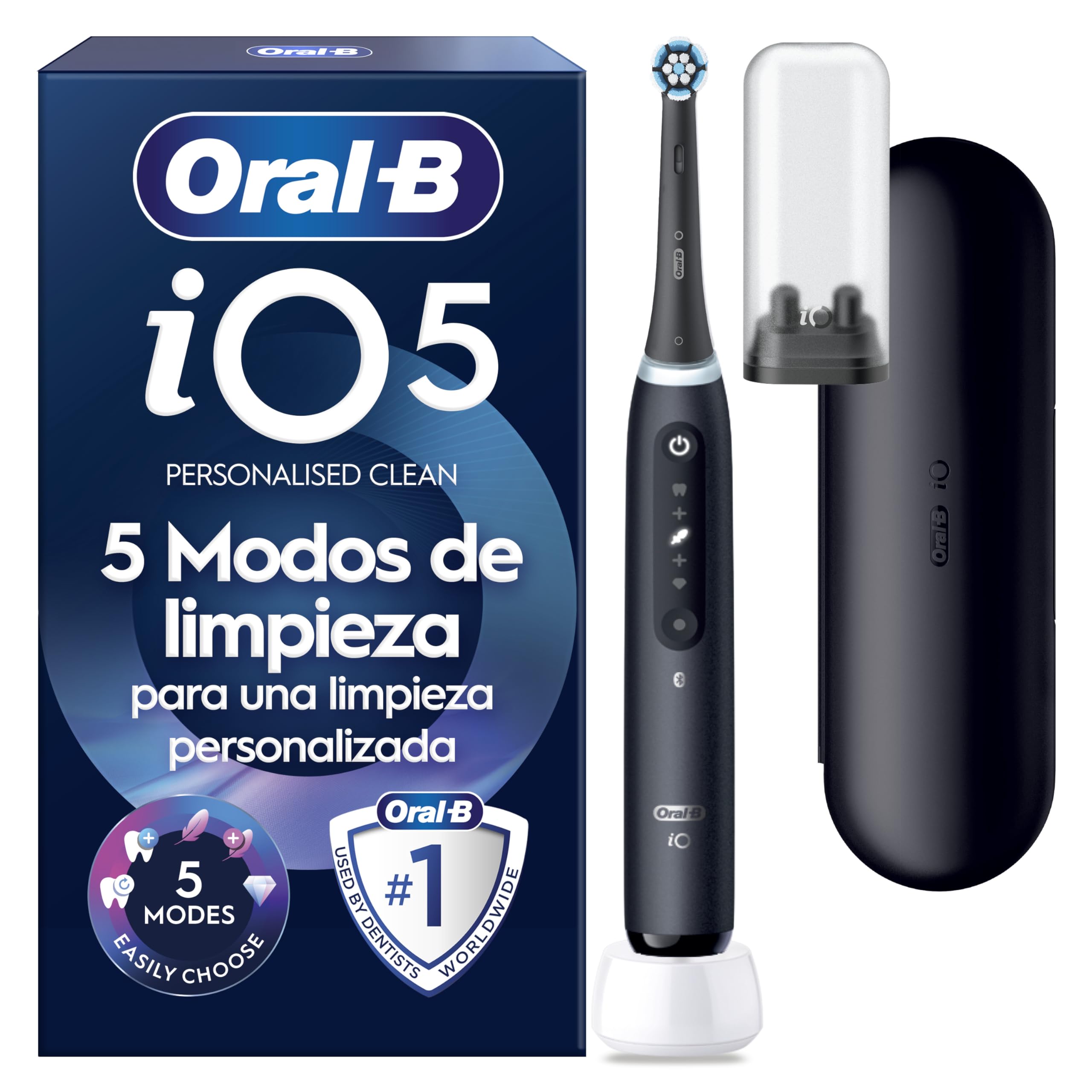 Oral-B iO 5 Cepillo De Dientes Eléctrico Negro Con 1 Cabezal Y 1 Estuche De Viaje, 5 Modos De Cepillado Con Blanqueamiento Dental, Sensor De Presión y Temporizador, Diseñado Por Braun