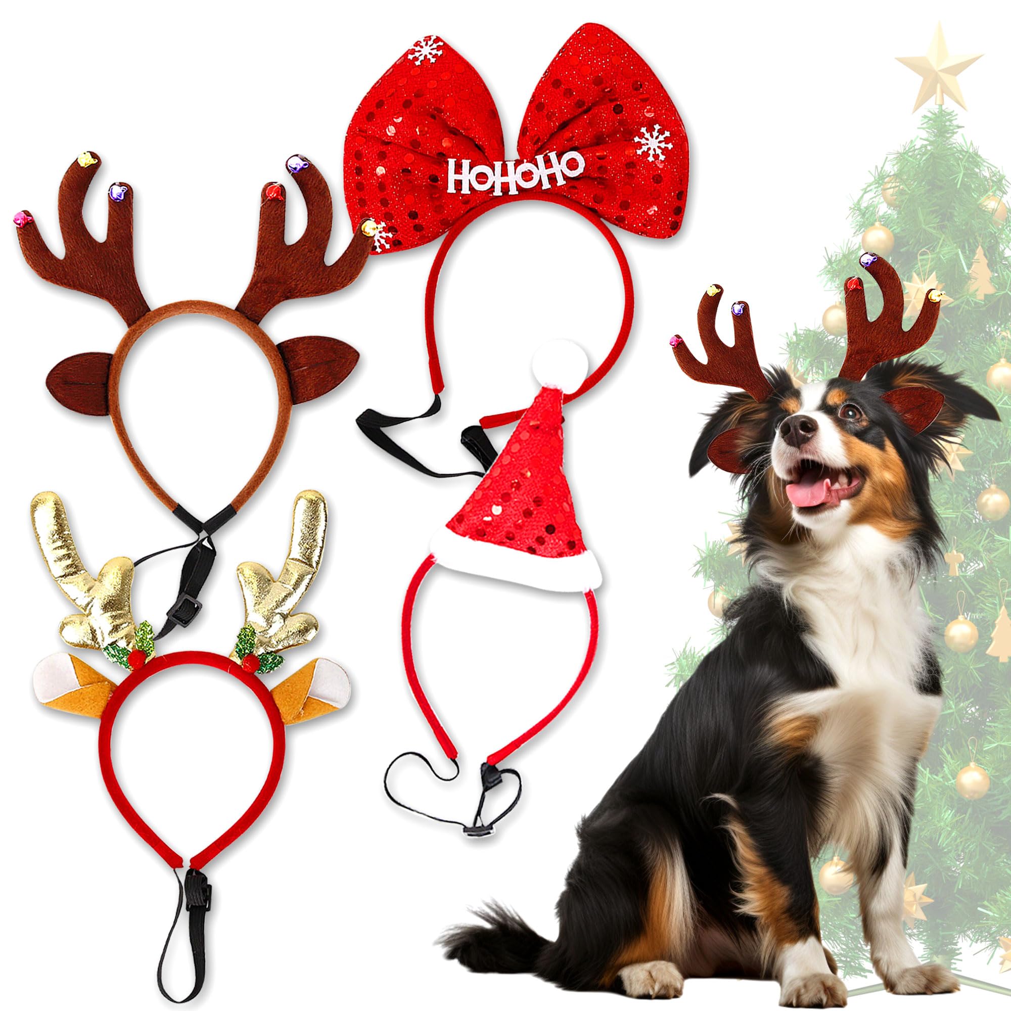 LaVenty 4 PCS Christmas Party Hat Christmas Party Headband for Dog Christmas Hat Reindeer Horn Headband Funny Christmas Party Photo Booth Props