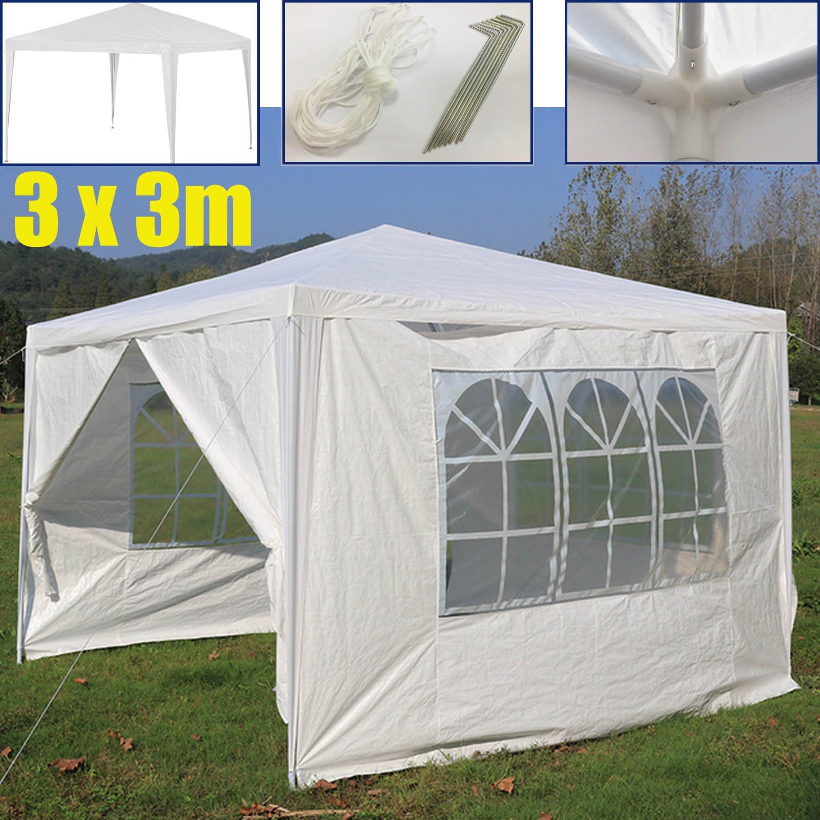 Autofather 3X3m Waterproof Outdoor Gazebo with 4 Removable Sides 3 Windows PE Garden Marquee Canopy Tent with Fitting Easy to Set Up, White