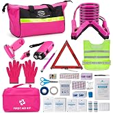 CALBEAU Pink Roadside Emergency Car Kit with First Aid for Women | 10ft Jumper Cables, Safety Hammer, Flashlight, Triangle, Vest, 90PCS Roadside Assistance for New Drivers