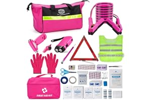 CALBEAU Roadside Emergency Car Kit for Vehicles, Pink Emergency Roadside Assistance kit with Car First Aid Kit, Thoughtful Car Emergency Kit for Women, Men, New Drivers and Adventurers Gifts