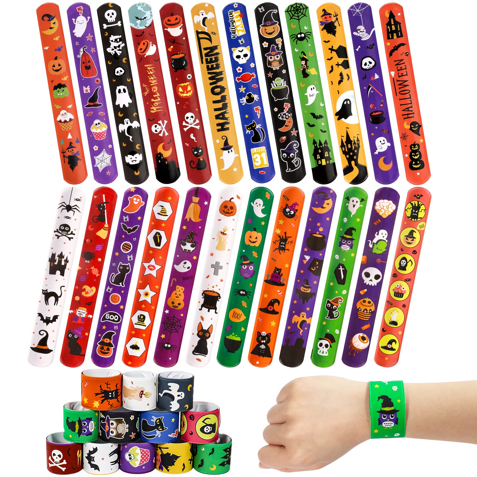 MGparty 72PCS Halloween Slap Bracelets 24 Halloween Theme Designs Spider Pumpkin Ghost Zombie Bat Witches Snap Bracelet for Kids Party Favors Toys Prizes Pinata Goodie Bags Fillers