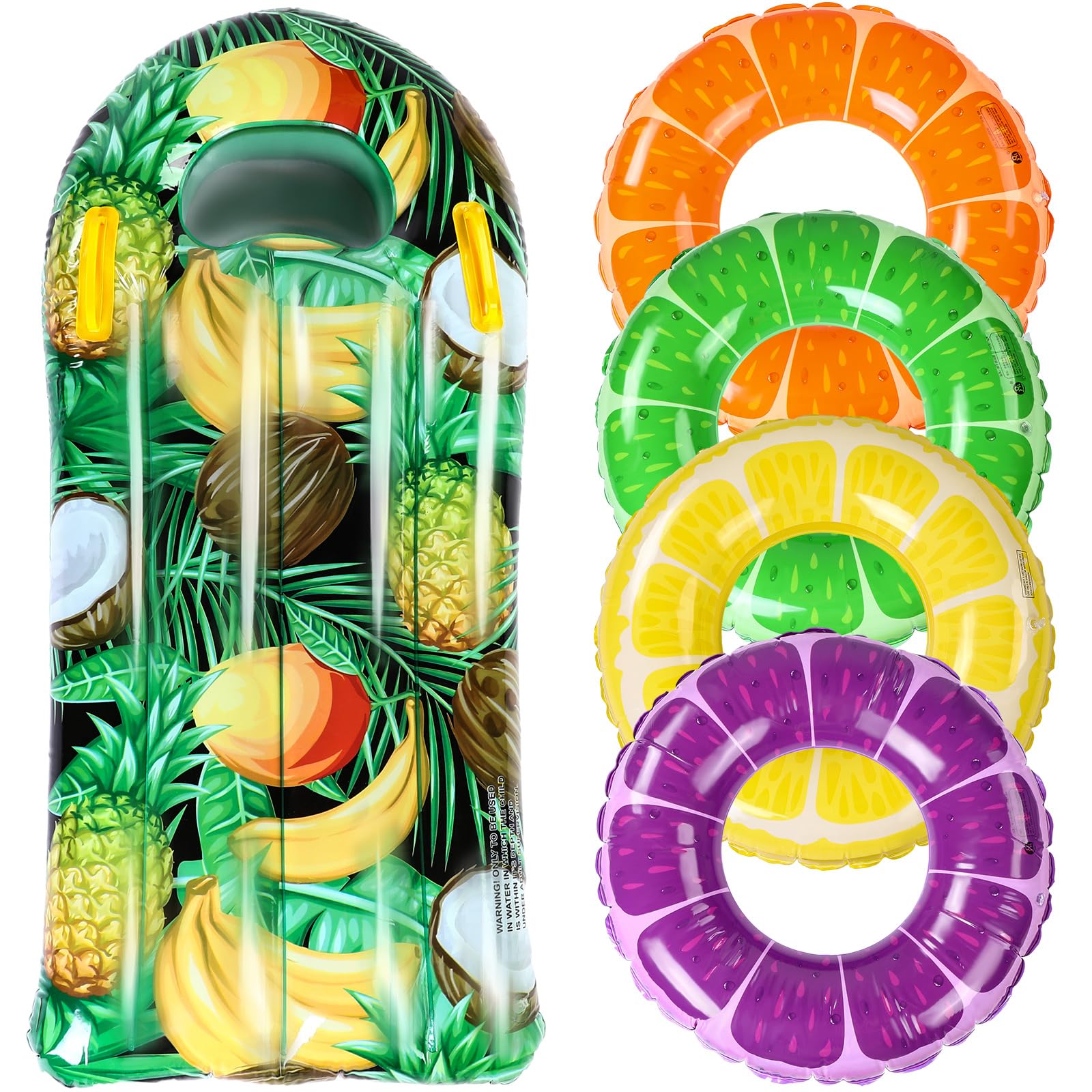 Photo 1 of Vertintong 5 Pack Pool Floats Kids Fruit Inflatable Pool Floats Swim Ring Lemon Swim Tube Rings with Inflatable Surfboard for Kids Luau Hawaiian Beach Birthday Party Decoration(Summer)