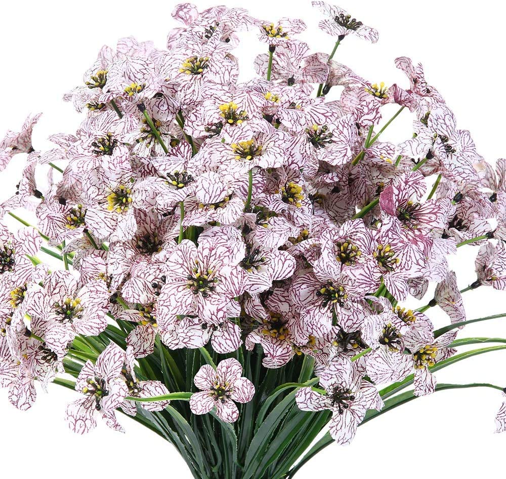 Ruiuzioong Artificial Violet Flowers Outdoor UV Resistant Fake Flowers 6pack No Fade Faux Plastic Plant Shrubs Greenery for Indoor Outside Hanging Planter Window Box Patio Home Decor (White)