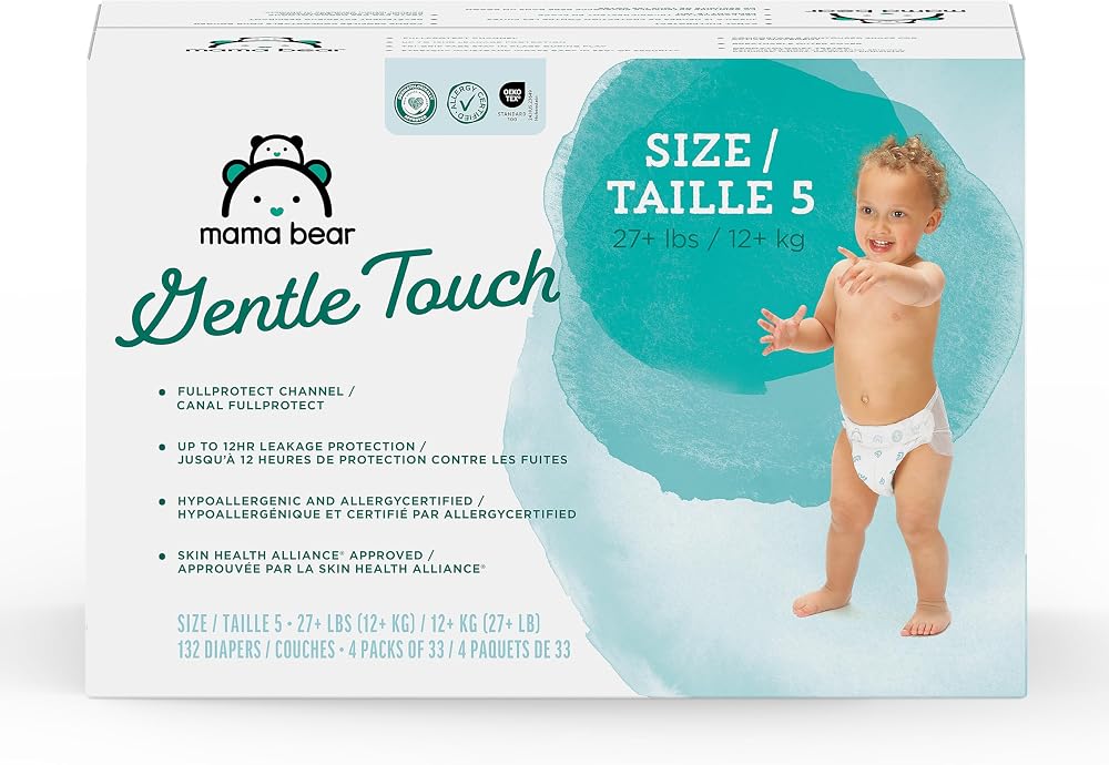 Amazon Brand - Mama Bear Gentle Touch Baby Diapers, Size 5, 27+ lb, Leak Protection, 12 Hours Protection, Wetness Indicator,