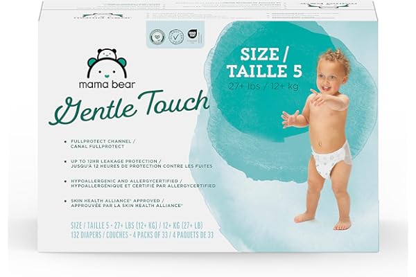 Amazon Brand - Mama Bear Gentle Touch Baby Diapers, Size 5, 27+ lb, Leak Protection, 12 Hours Protection, Wetness Indicator, Hypoallergenic, 132 Count (4 packs of 33)