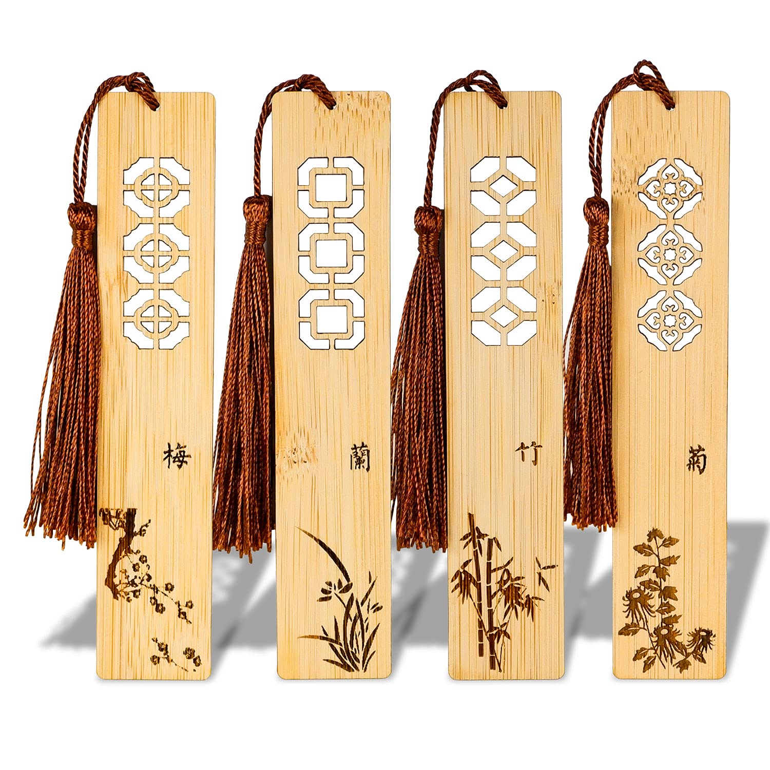 wocoxo Handmade Natural Bamboo Bookmarks with Tassels,Unique Vintage Style Reading Page Markers Bookmarks - 4Pcs (Classic Style)