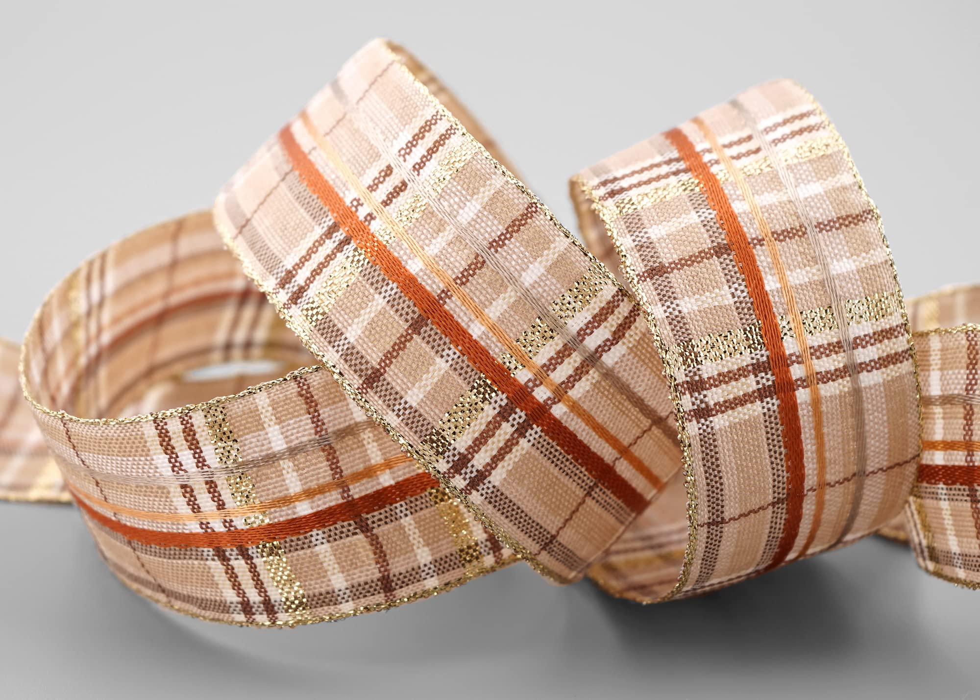 finemark 20 m x 40 mm Checked Decorative Ribbon Santa's Pants Taupe Beige Brown Gold Checked Gift Ribbon with Stable Edges Shiny Ribbon Fabric Ribbon Christmas Advent Lurex Edge Gold Edge