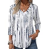 Zeagoo 3/4 Length Sleeve Womens Tops Casual V Neck Pleated Top Boho Floral Blouses Work Shirts