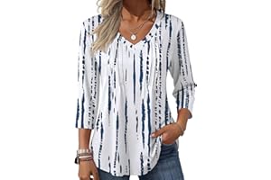 Zeagoo 3/4 Length Sleeve Womens Tops Casual V Neck Pleated Top Boho Floral Blouses Work Shirts