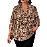 Verdusa Women's Plus Size Leopard Tops 3/4 Sleeve Collared Blouses Dressy Casual Tops