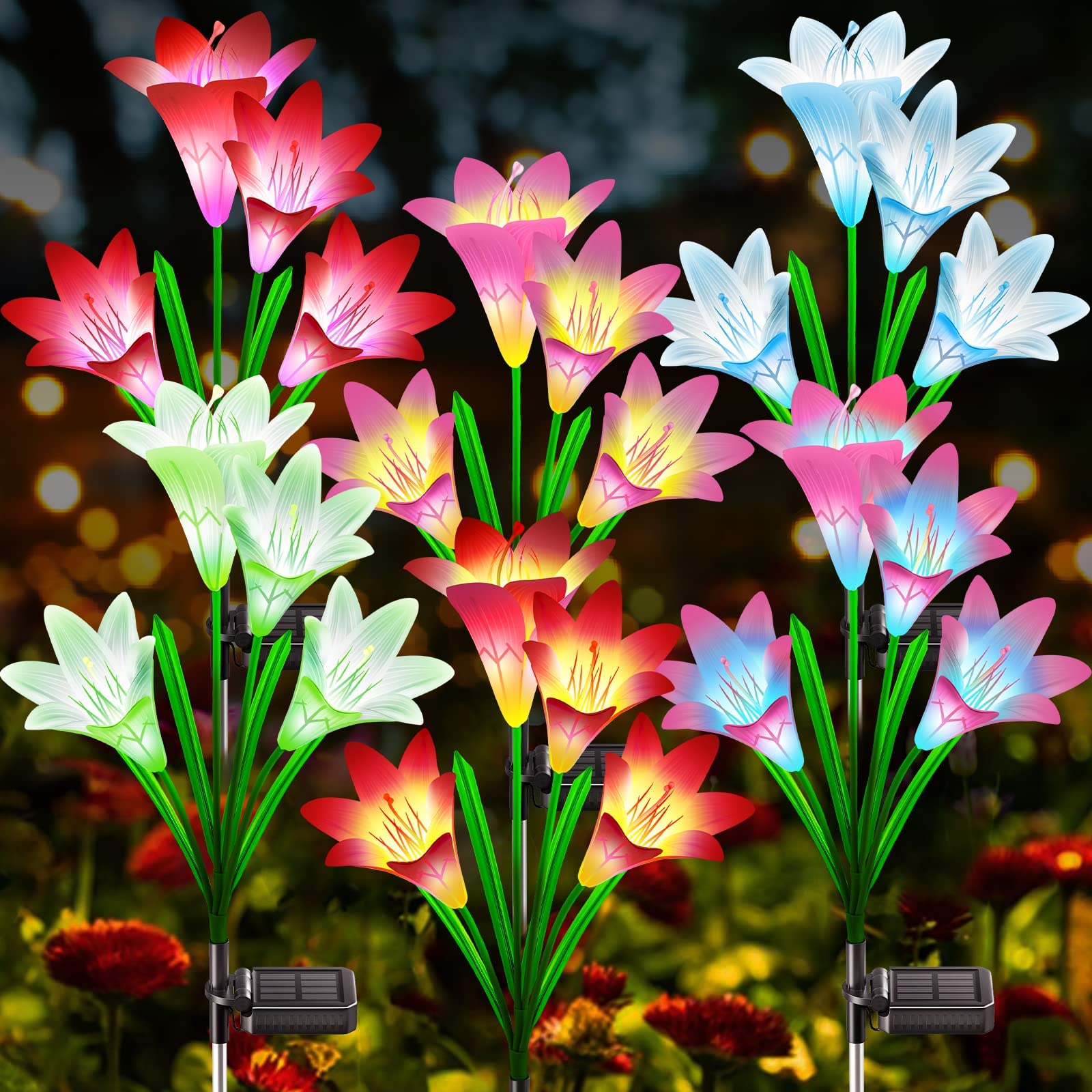 Photo 1 of Solar Garden Lights Outdoor Decorative, 2024 Upgraded Solar Outdoor Lights with 16 Bright & Bigger Lily Flowers, Waterproof Outdoor Solar Lights for Yard Garden Patio Outside, Wider Solar Panel