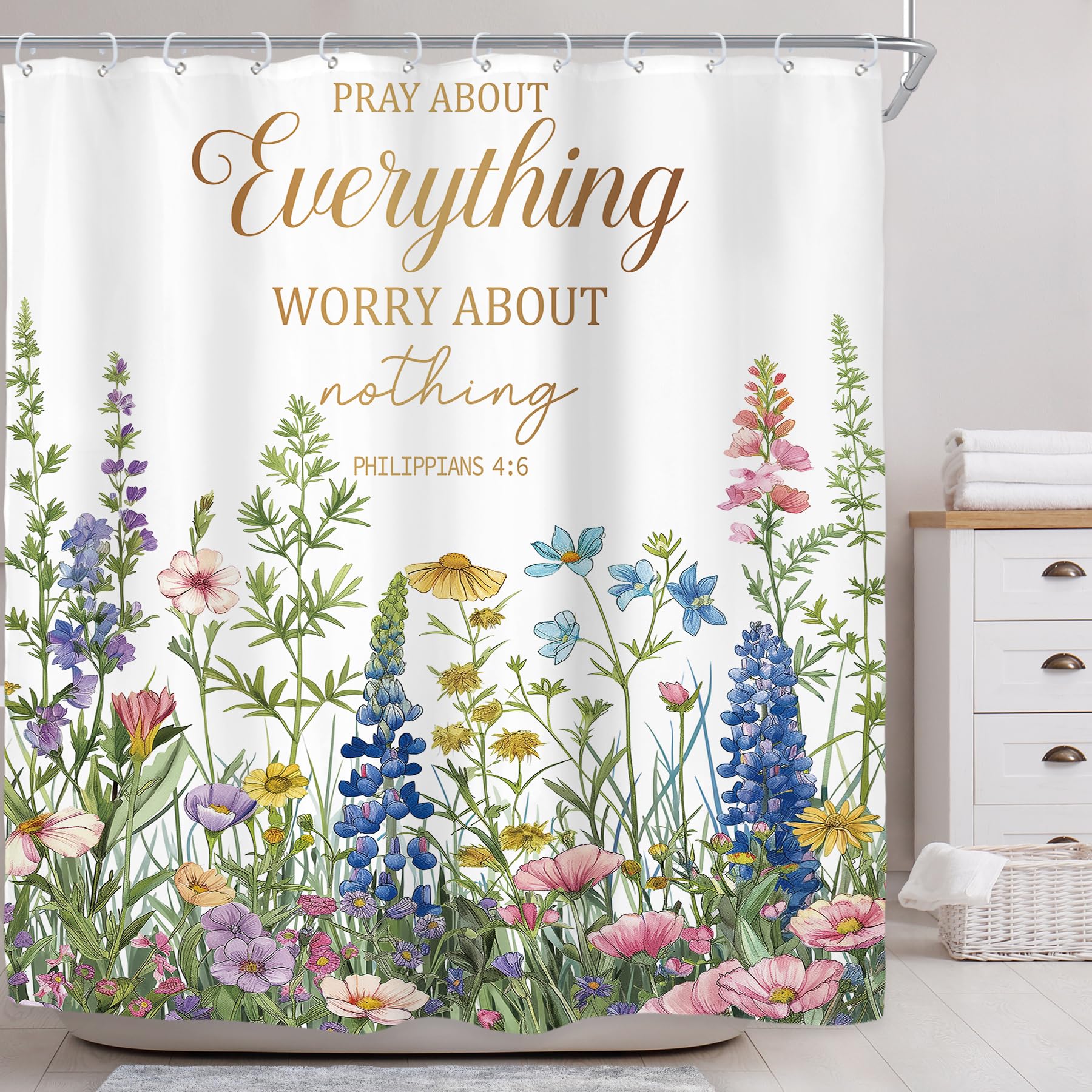 Photo 1 of Riyidecor Bible Verse Floral Wildflower Shower Curtain for Bathroom Decor 72Wx72H Scripture Christian Positive Quotes Flower Botanical Art Printed Fabric Polyester Waterproof 12 Pack Plastic Hooks