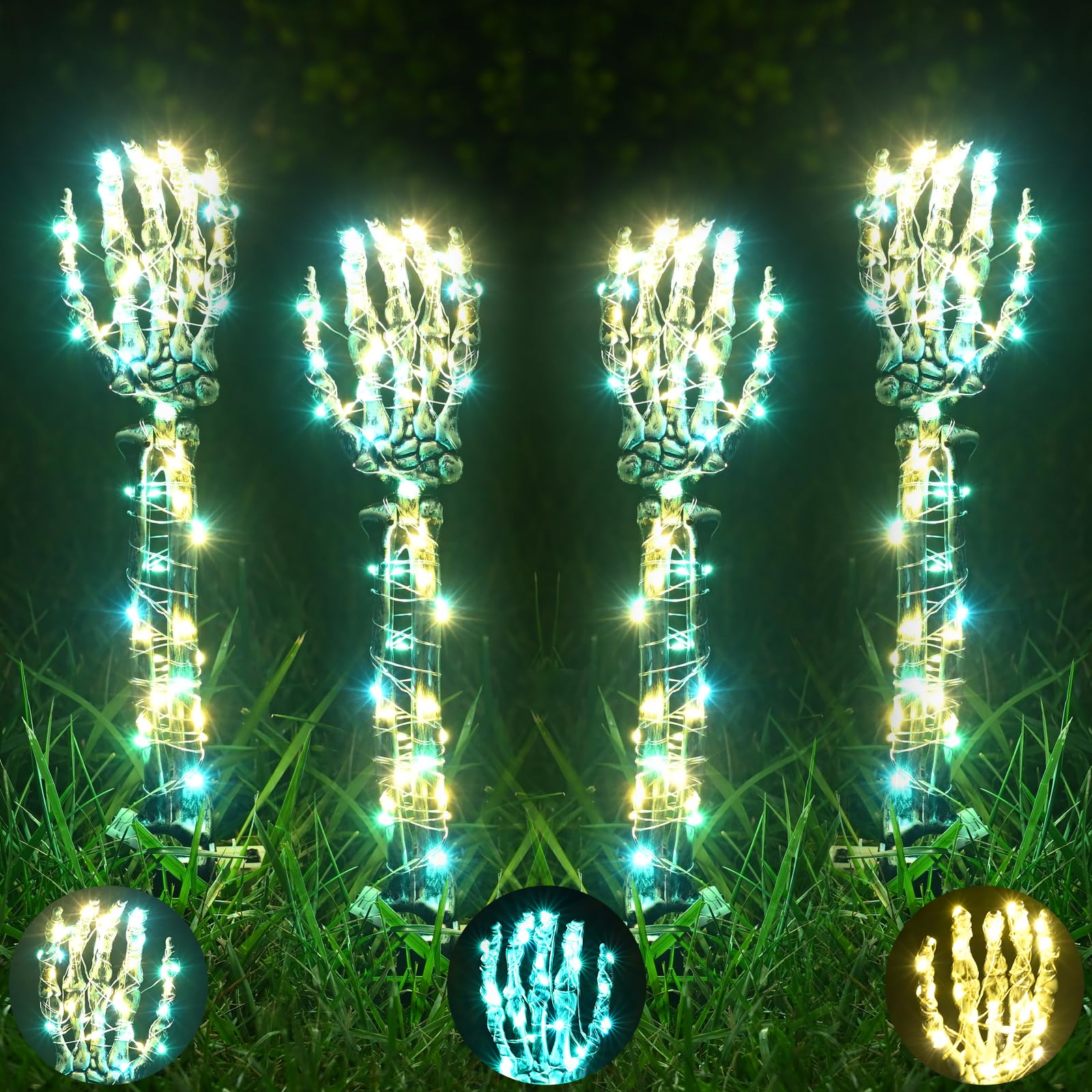 Photo 1 of Halloween Lighted Skeleton Hands Set, Sinranac 4 Pack Light Up Skeleton Arm Stakes, 4 x 3m 240 LED Green & Warm Lights with 3 Modes, Realistic Halloween Yard Outdoor Decorations Graveyard Garden
