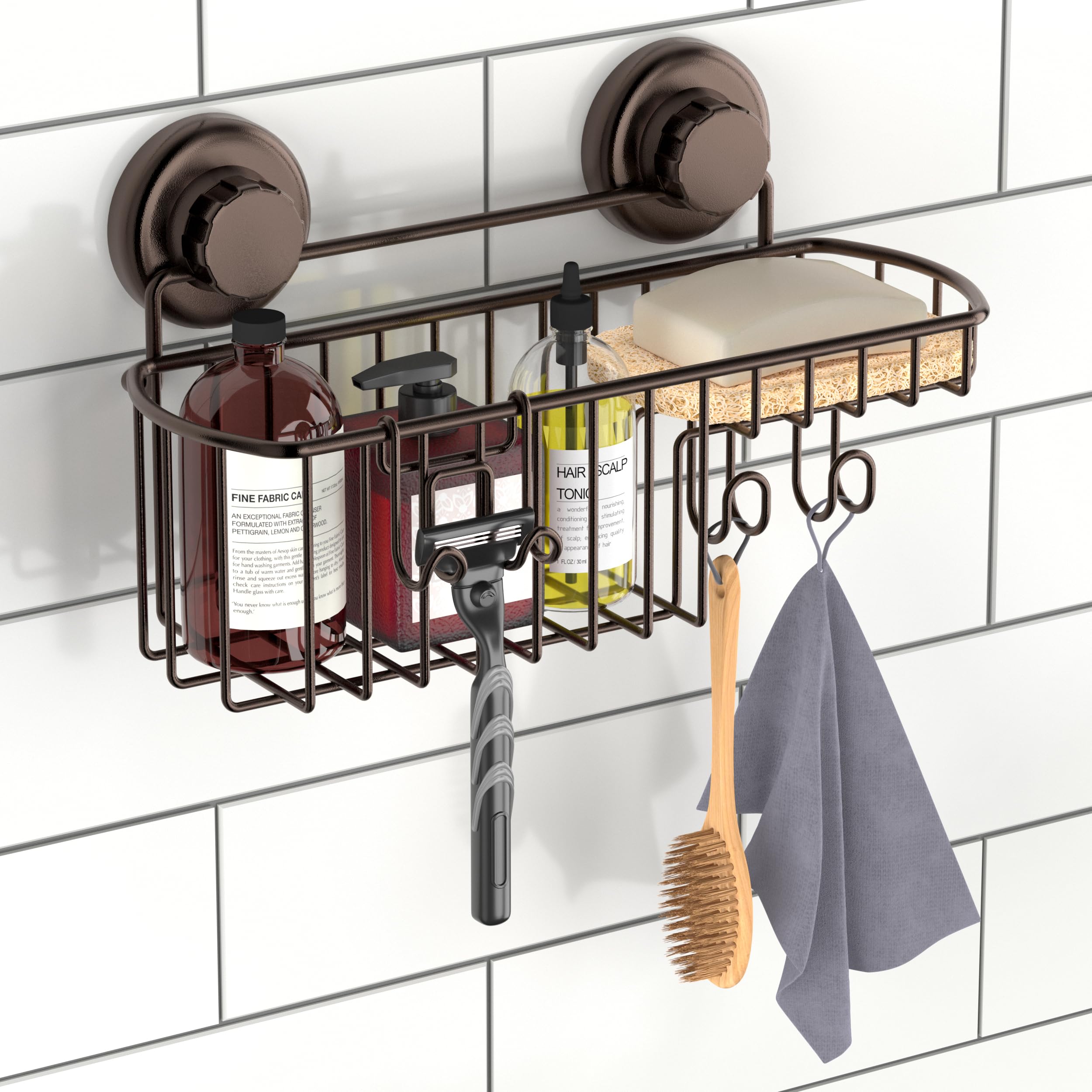 Photo 1 of HASKO Shower Caddy Suction Cup with Hooks & Soap holder, Shower Shelf, Bathroom Storage Organizer, Rustproof Shampoo Holder, Bronze