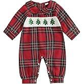 Nibbcoa My First Christmas Baby Girl Outfit Christmas Tree Plaid Long Sleeve Smocked Bubble Romper Holiday Jumpsuit Overalls