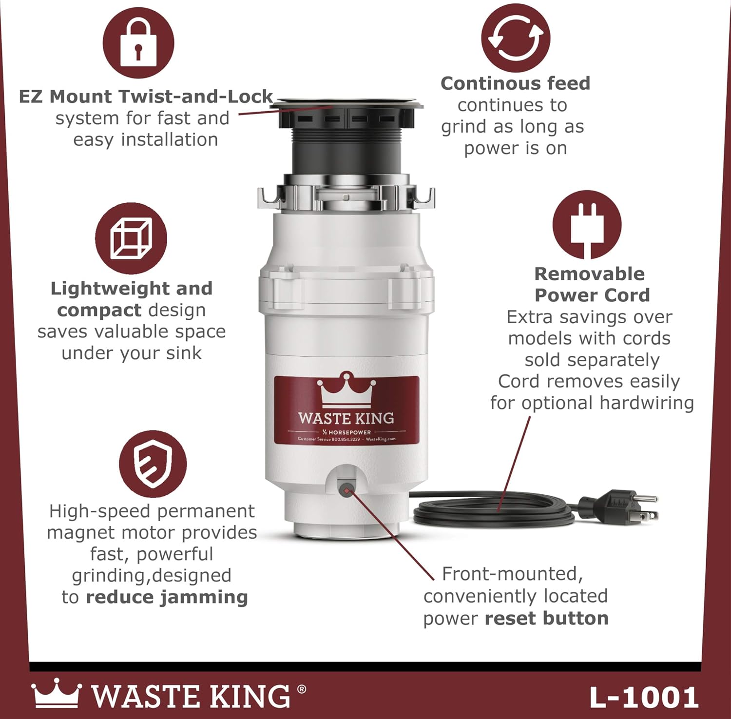 Waste King L-1001 Garbage Disposal with Power Cord, 1/2 HP - Food Waste Disposers - 