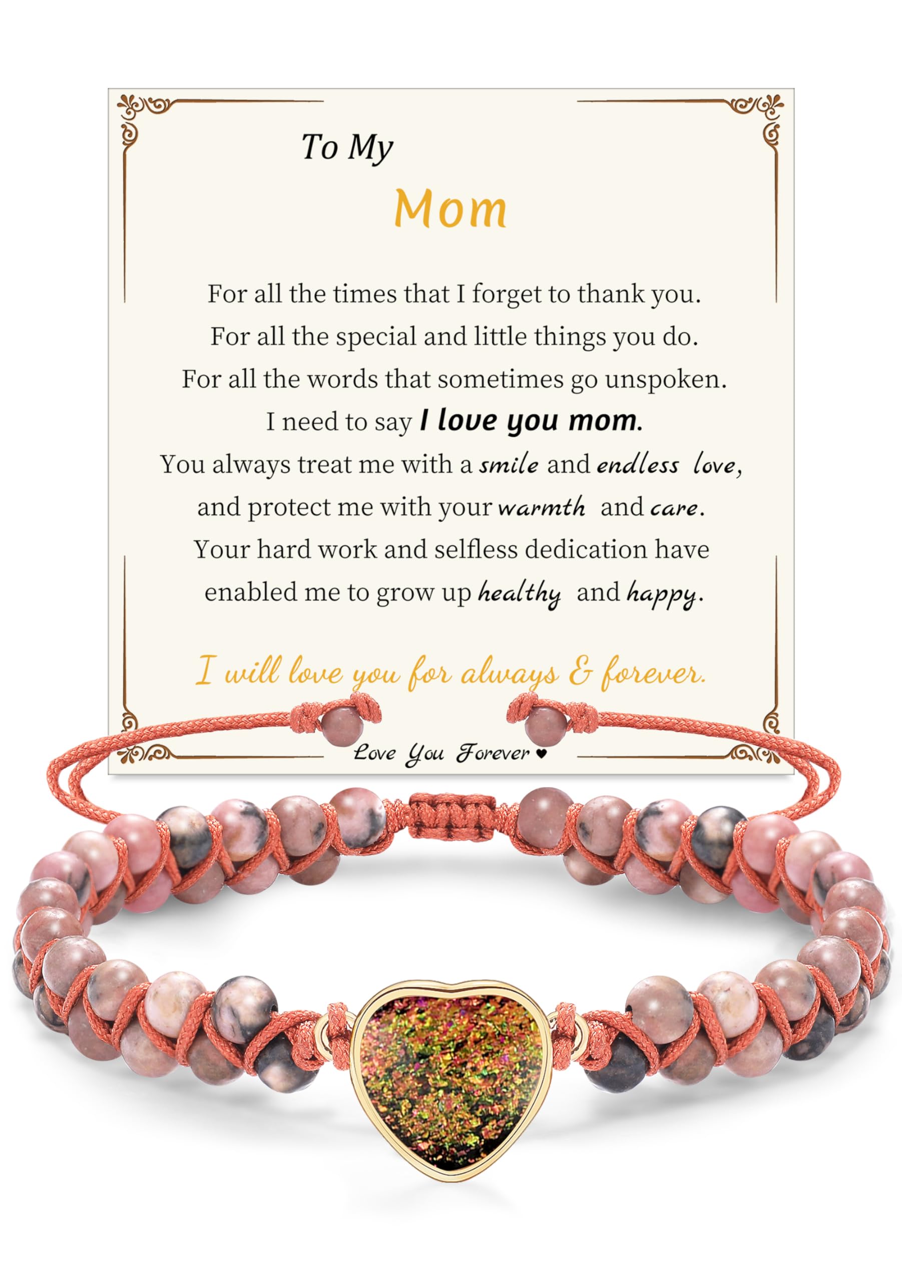 Sistble Gifts for Mom from Daughter Son, Mom Birthday Gifts Natural Stone Heart Bracelets Red Jasper Handmade Braided Bracelet Mothers Day Christmas Gift Jewelry