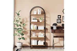 5-Tier Arched Bookshelf Rustic Brown Metal Frame Bookcase, Tall Standing Storage Rack for Bedroom, Living Room, Home Office, 
