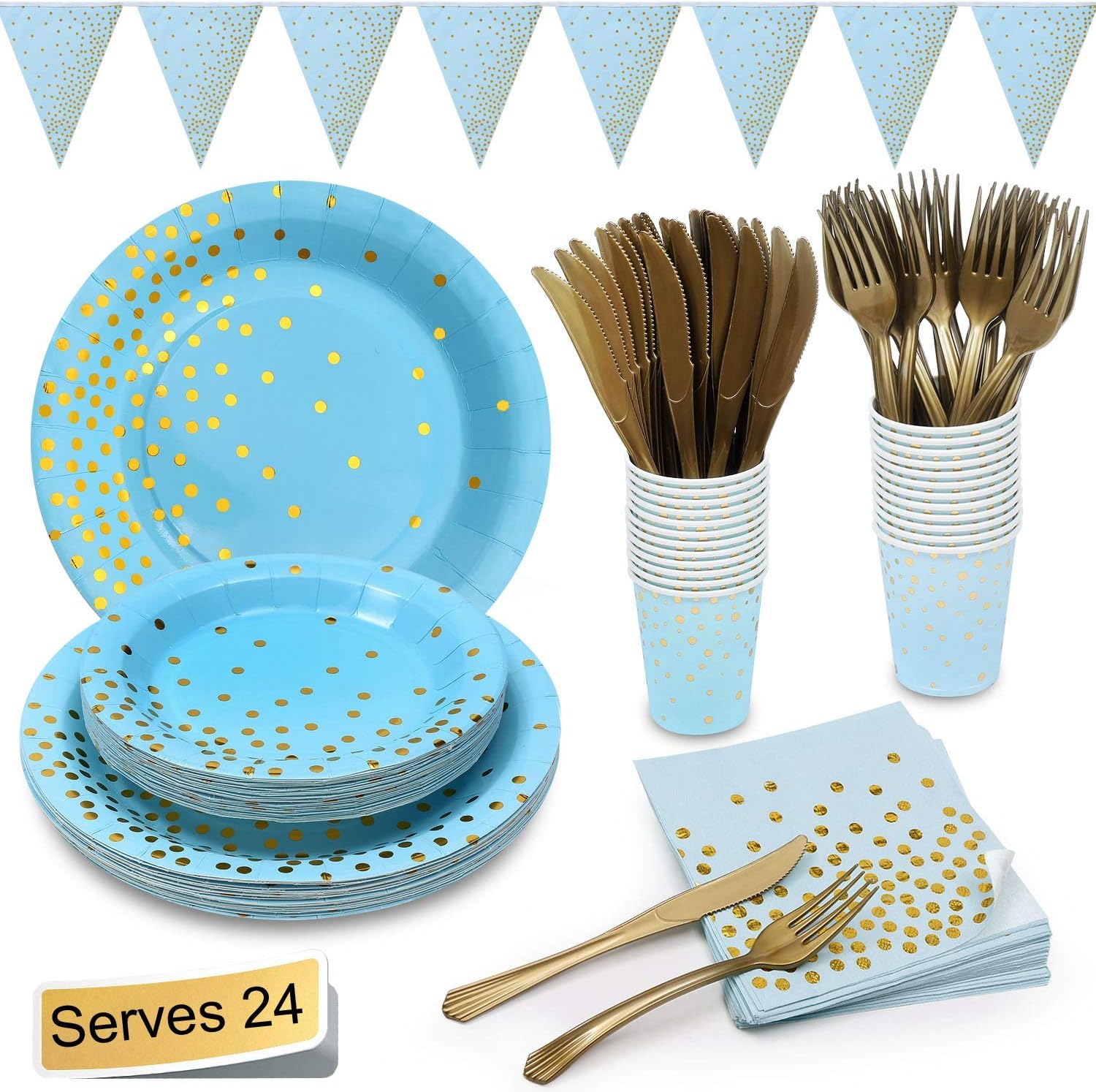 Blue and Gold Party Supplies Golden Dot Navy Themed Party Set Includes Paper Plates Napkins Knives Forks Cups Banner for Baby Shower, Boy Birthday, Serves 24