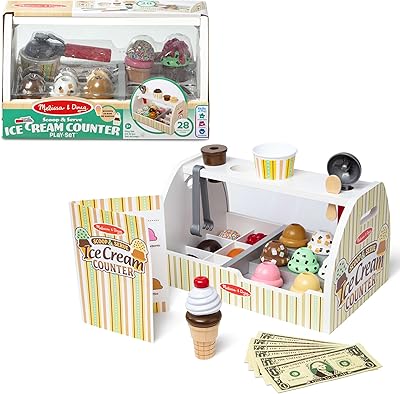 Melissa & Doug - Eisdiele aus Holz, 28-teilig, Für das Eisdielen-Rollenspiel mit 8 Sorten Eiscreme, Eistüten und Eisbecher, Spielgeld inklusive, Für Kinder ab 3 Jahren