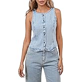 YEXPINE Women's Denim Vest Button Down Crewneck Sleeveless Fitted Jean Vest Top Casual Waistcoat