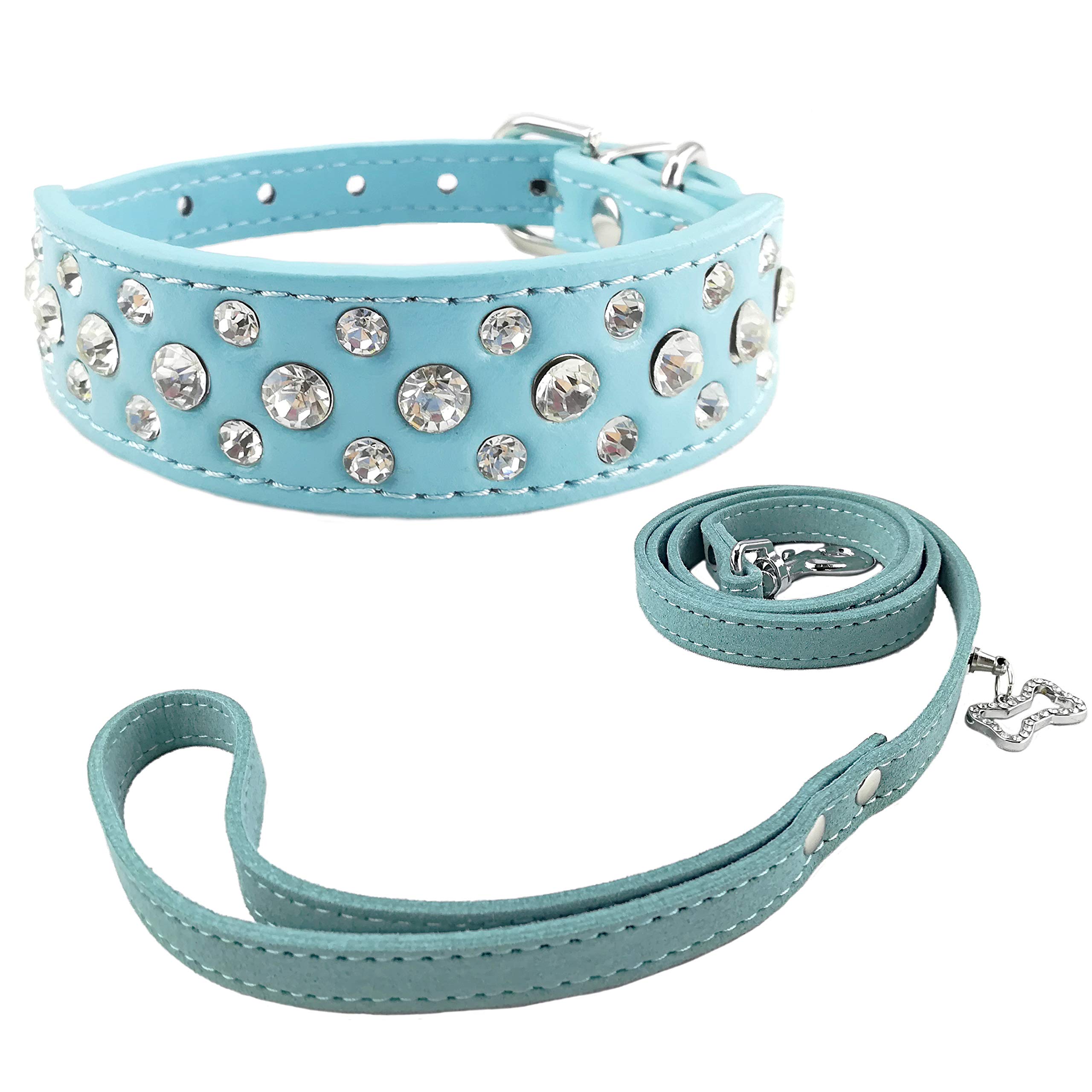 Newtensina Fashion Dog Collar and Lead Set Bling Puppies Collar Cute Diamante Dog Collar with Leashes - Blue - XXS
