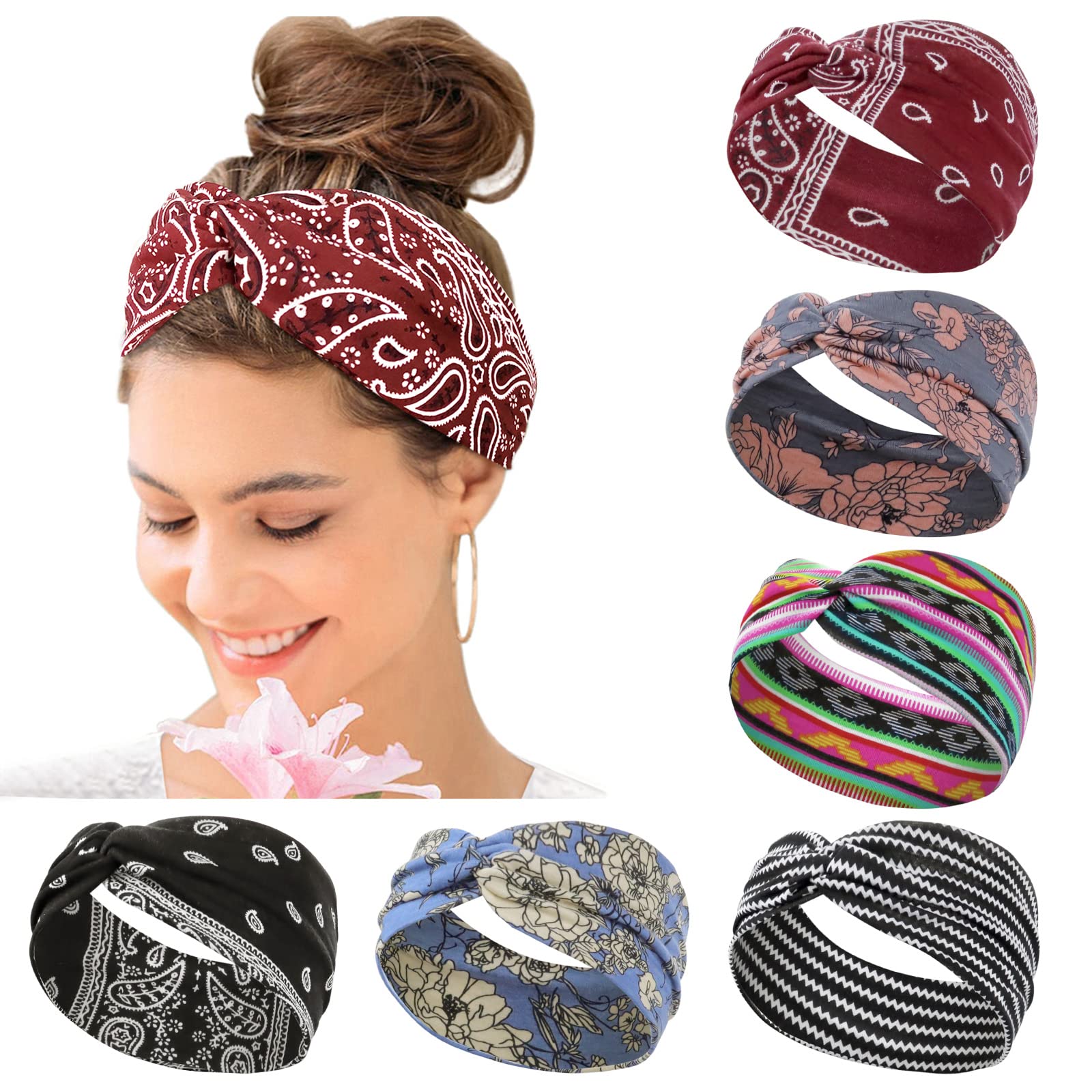 Women's Hair Bands Wide Elastic Soft 6 Pieces Summer Boho Headband Print Hair Accessories Yoga Sports Hairband Multicoloured Thin Headbands (E)