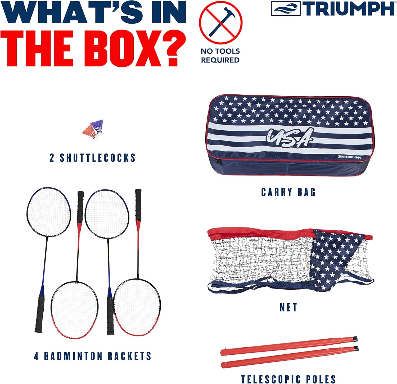 Triumph Sports Patriotic Portable Badminton Set with Freestanding Base Sets Up on Any Surface in Seconds – No Tools or Stakes Required, Multi : Sports & Outdoors