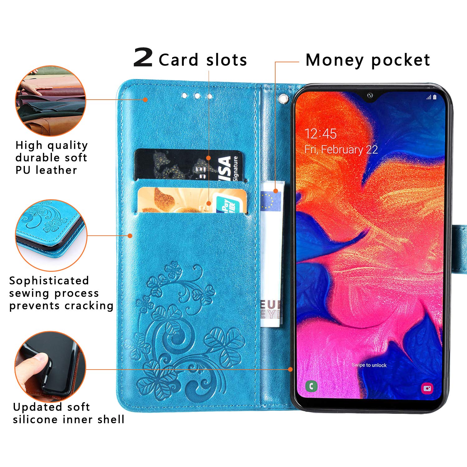 UCMDA Case for Samsung Galaxy A10, Flip Leather Samsung A10 Phone Wallet Case with [Magnetic Closure] [Kickstand] [Card Slot] for Samsung A10-Blue