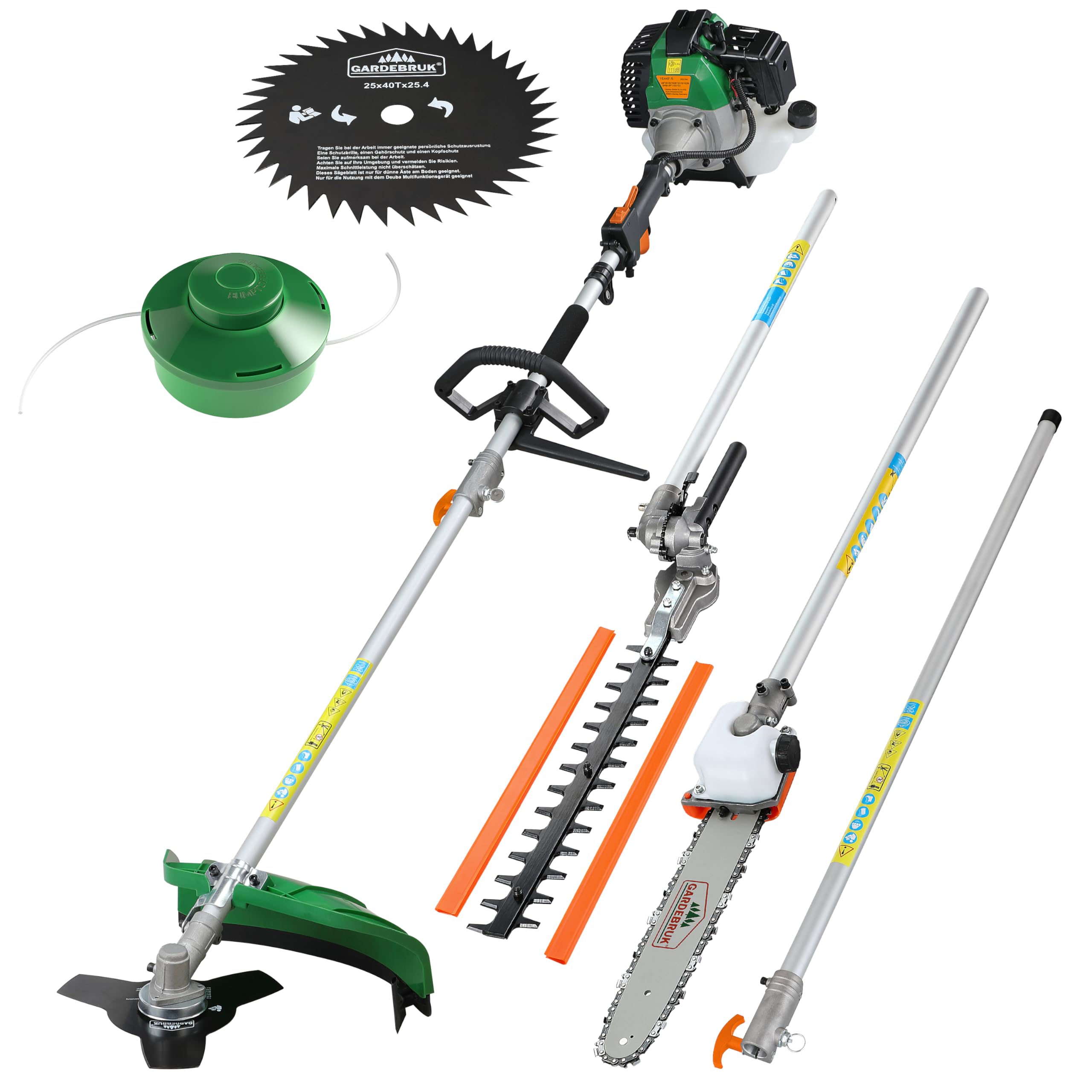GARDEBRUK® Benzin Motorsense Freischneider 5 in 1 Heckenschere Rasentrimmer Hochentaster 2 PS Tragegurt verstellbar 1m Verlängerung